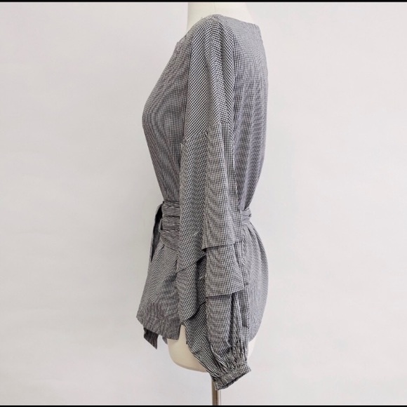 Max Jeans | Black&White Gingham Billow sleeve Top - Picture 9 of 10